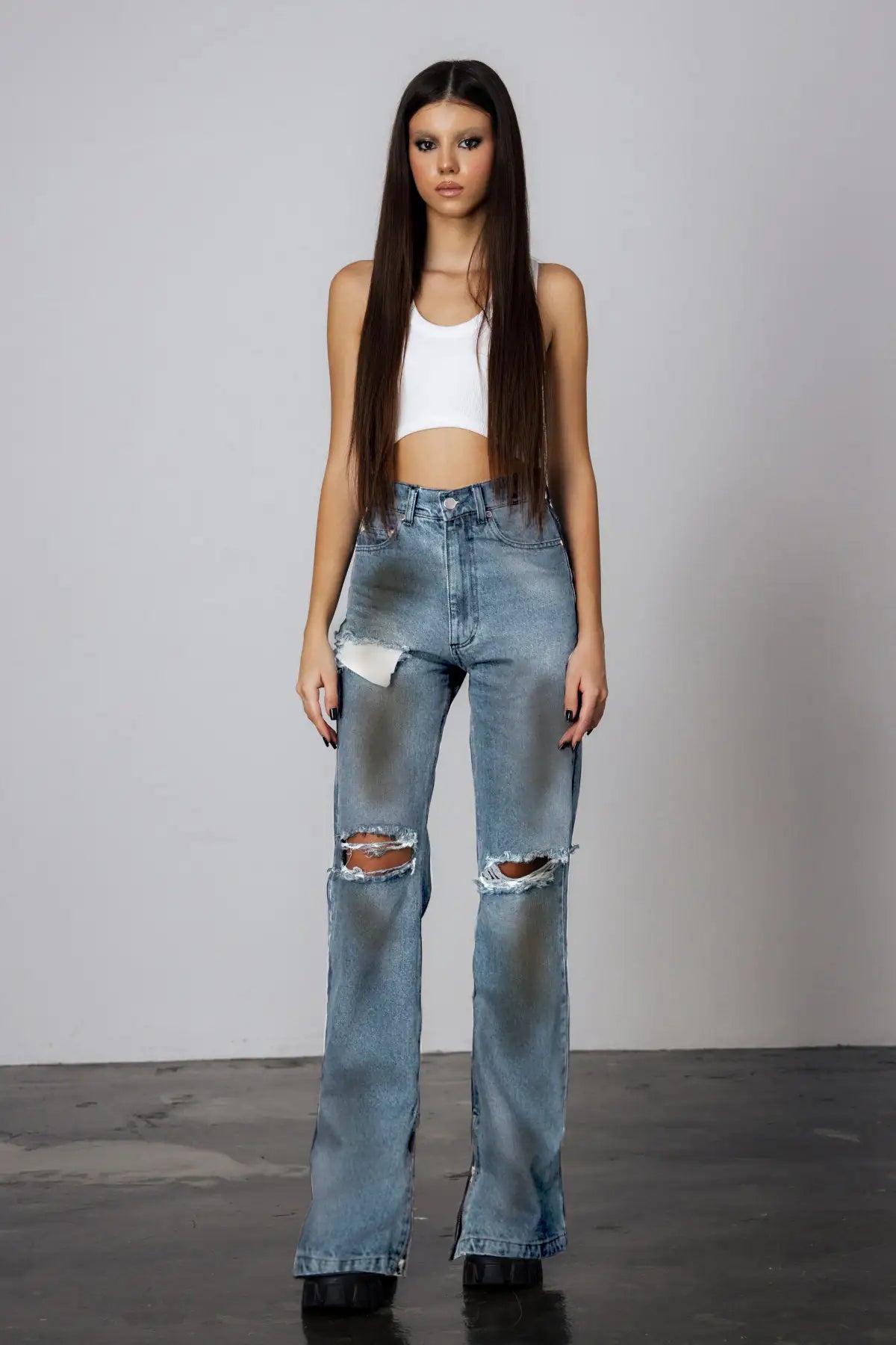 "Savage Chill" Distressed Straight Denim Pants