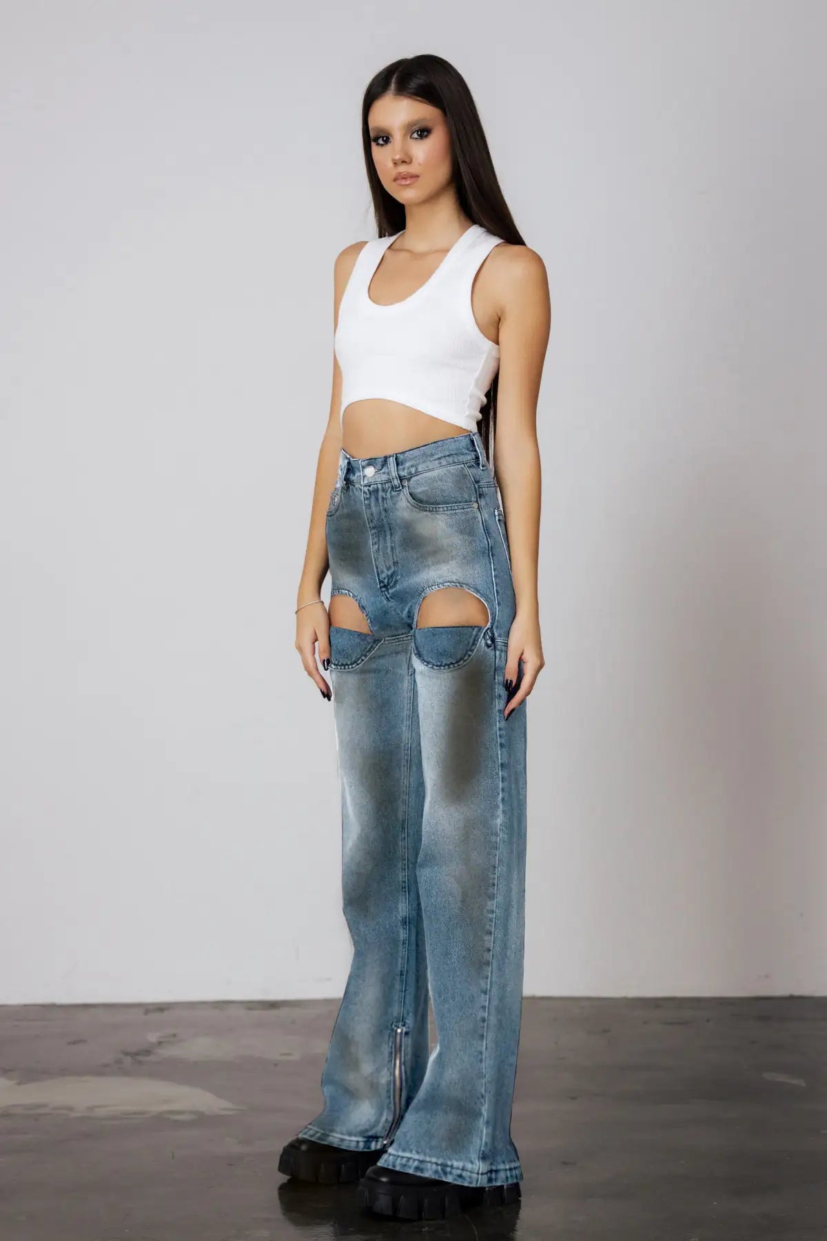 "Sinful Amber" Cut-Out Straight Denim Pants