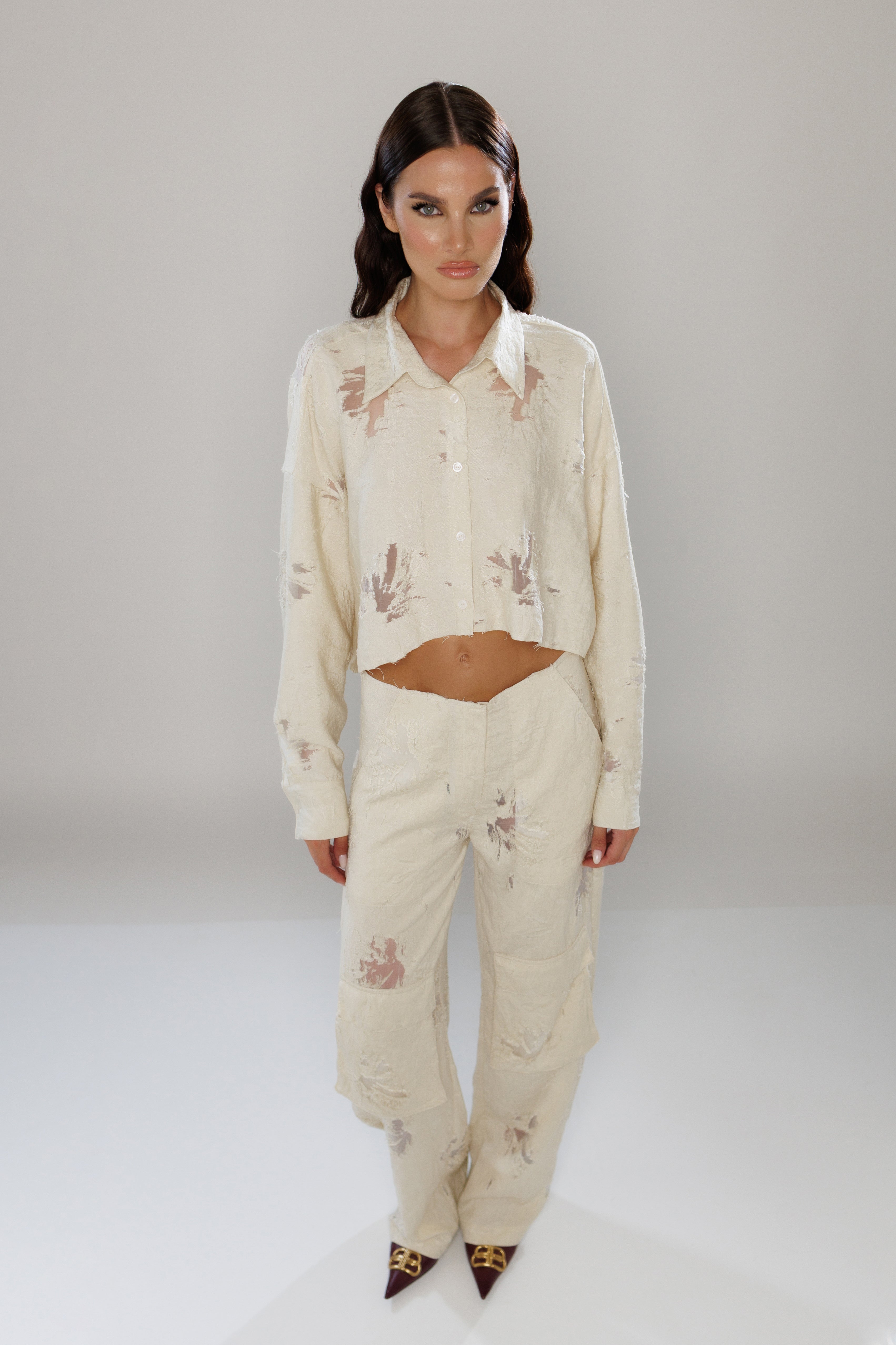 Barcelona Co-Ord Distressed Cropped Shirt