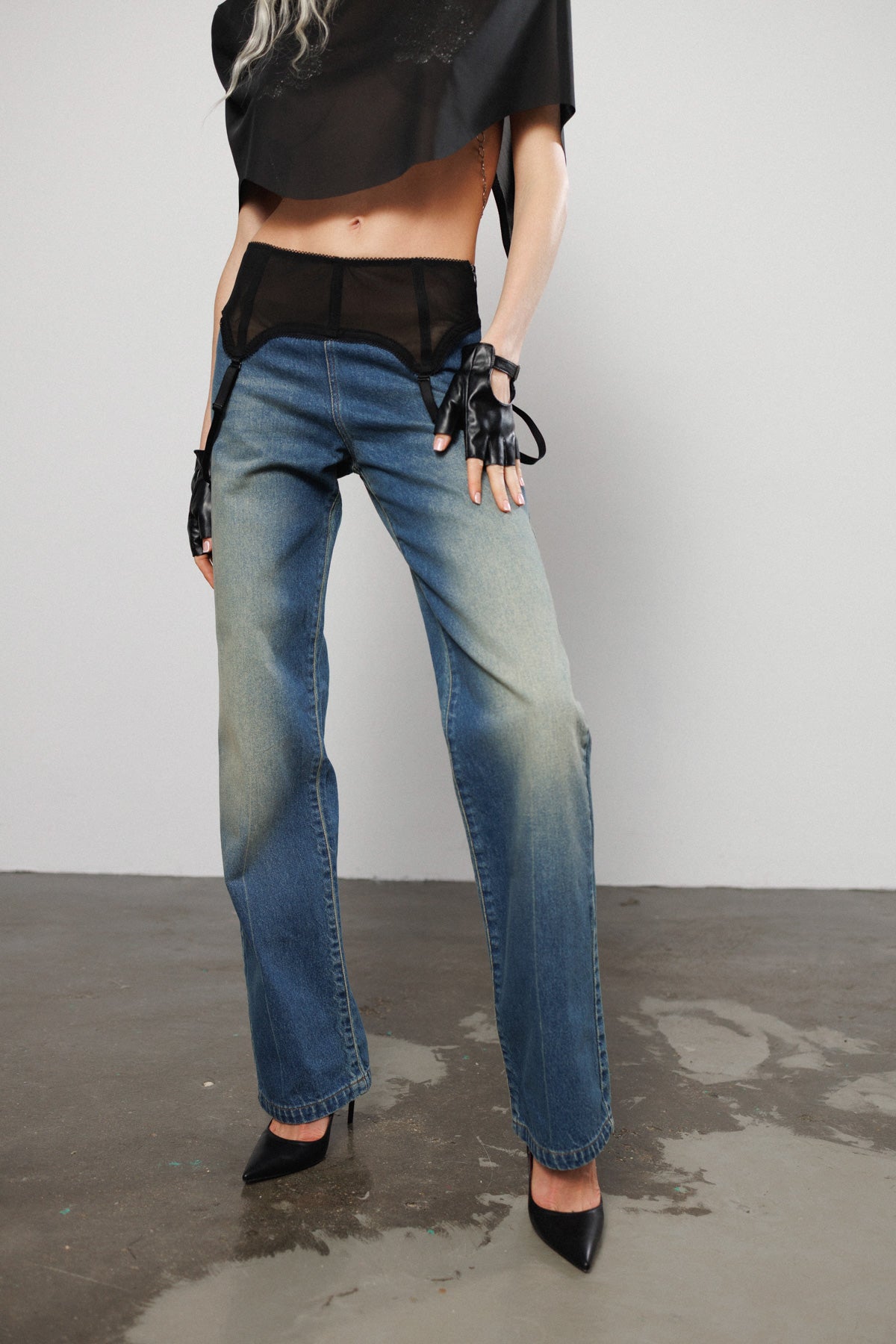 "Brat" Straight Leg Jeans with Suspender Straps