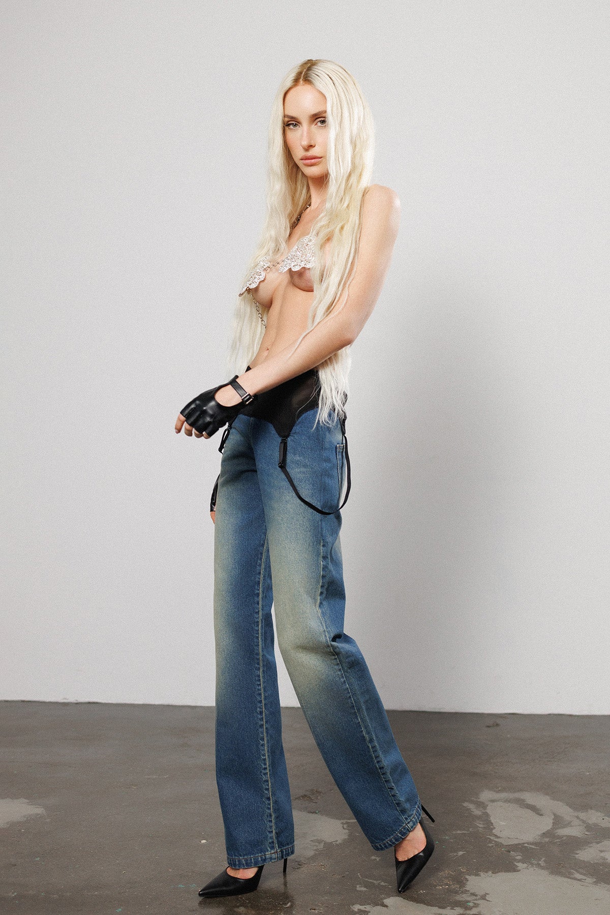 "Brat" Straight Leg Jeans with Suspender Straps