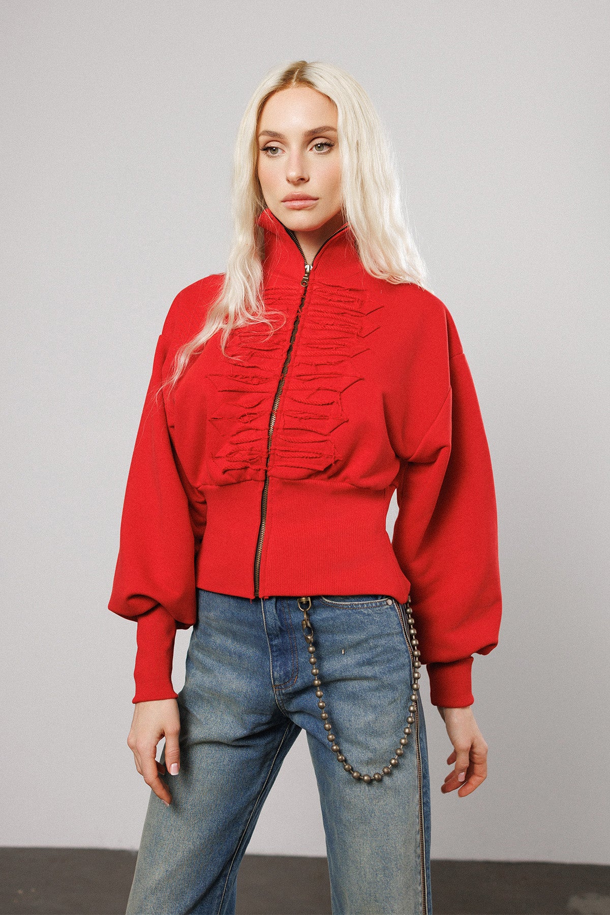 "Love" Distressed Cropped Zip-Up Jacket